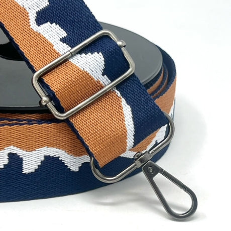 Per Metre Mountain Design Webbing: For Bag Straps- (Navy /brown/white) 38mm / 40mm