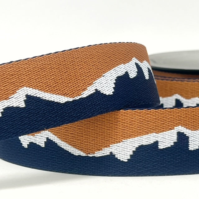 Per Metre Mountain Design Webbing: For Bag Straps- (Navy /brown/white) 38mm / 40mm