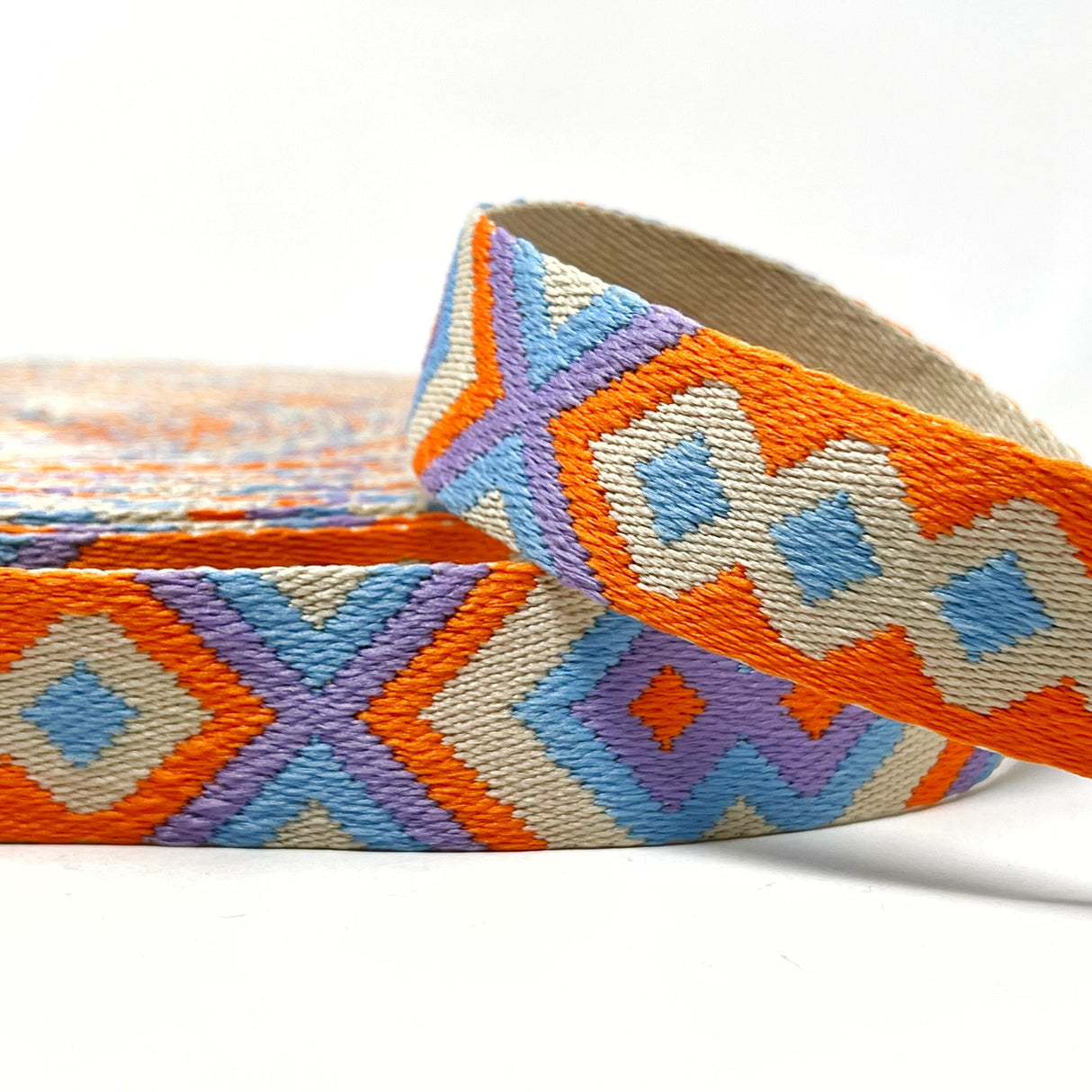 Per Metre Tribal Diamond Webbing: For Bag Straps- (Orange/stone/sky/lilac) 38mm / 40mm