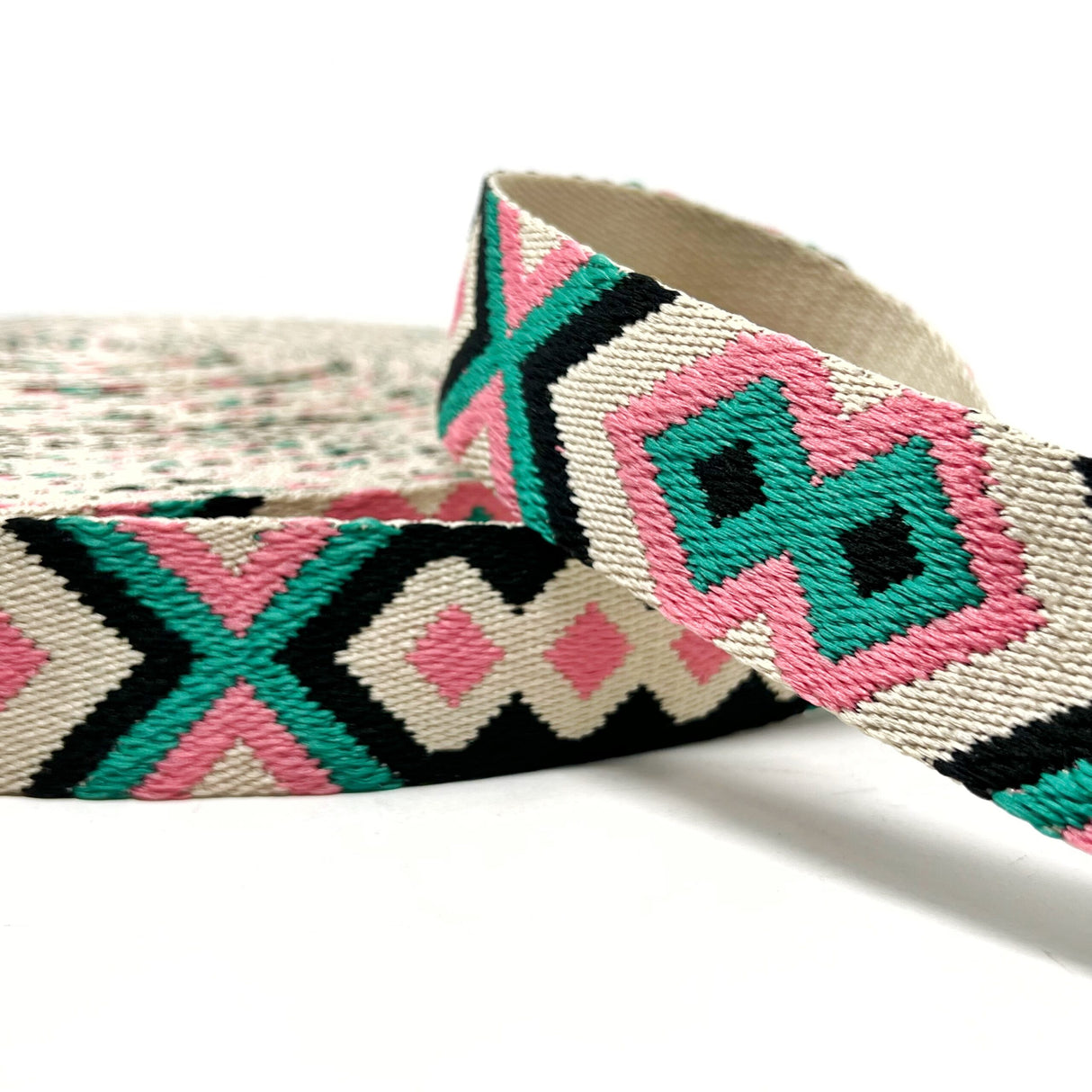 Per Metre Tribal Diamond Webbing: For Bag Straps- (Stone/pink/jade/black) 38mm / 40mm
