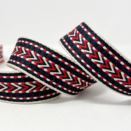 Pound A Metre Per Metre Arrow Weave Webbing: For Bag Straps- (Red/navy/ecru) 38mm / 40mm