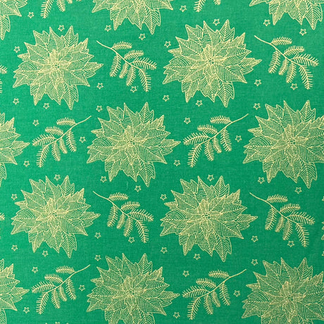 Pound A Metre Per Metre Per Metre Digitally Printed Gold Foil Christmas 100% Cotton- 45" Wide (Green Bloom)