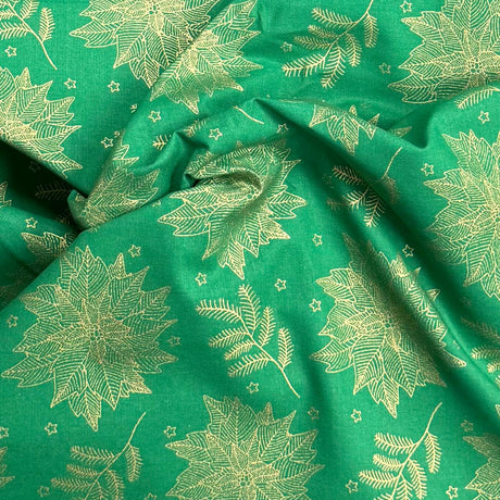 Pound A Metre Per Metre Per Metre Digitally Printed Gold Foil Christmas 100% Cotton- 45" Wide (Green Bloom)