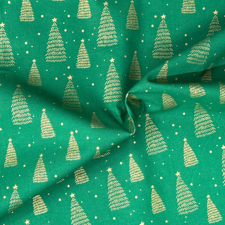 Pound A Metre Per Metre Per Metre Digitally Printed Gold Foil Christmas 100% Cotton- 45" Wide (Green Christmas Tree)