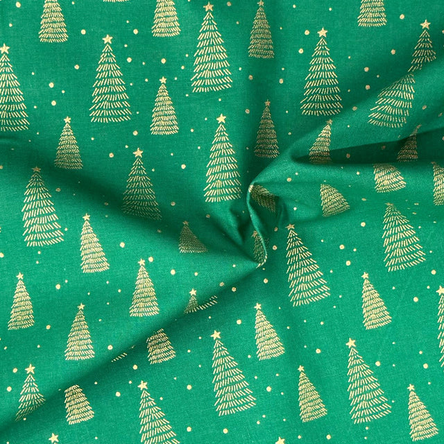 Pound A Metre Per Metre Per Metre Digitally Printed Gold Foil Christmas 100% Cotton- 45" Wide (Green Christmas Tree)