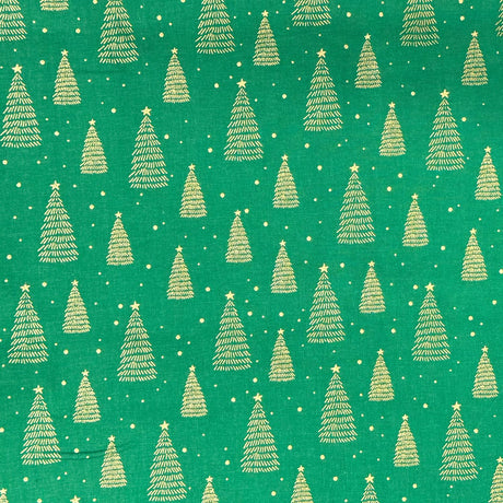 Pound A Metre Per Metre Per Metre Digitally Printed Gold Foil Christmas 100% Cotton- 45" Wide (Green Christmas Tree)