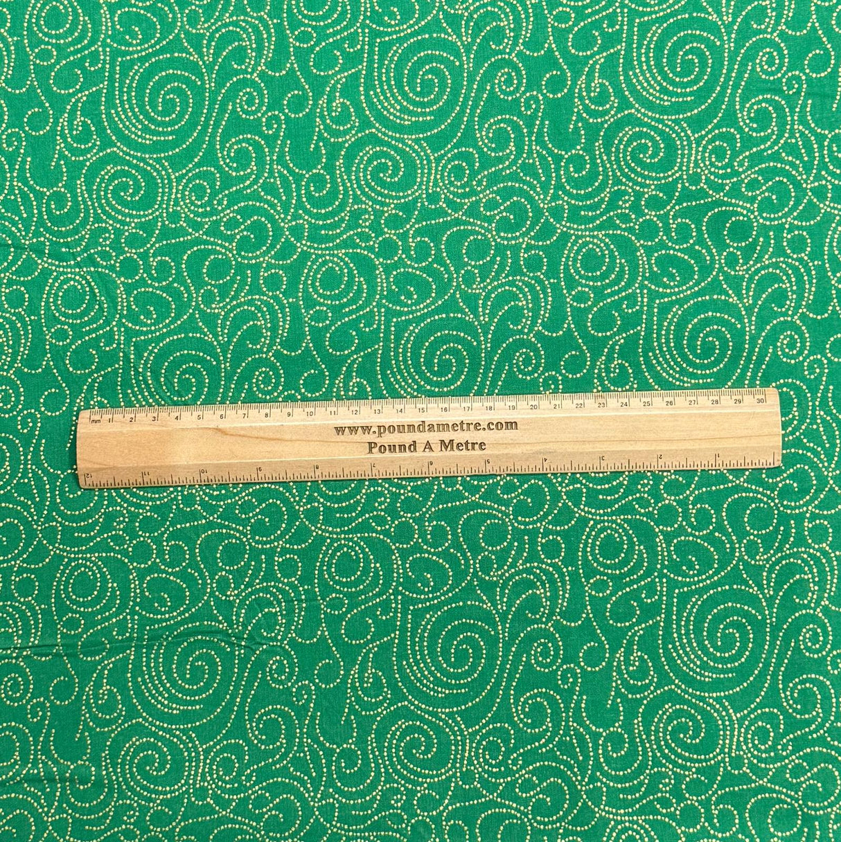 Pound A Metre Per Metre Per Metre Digitally Printed Gold Foil Christmas 100% Cotton- 45" Wide (Green Swirl)