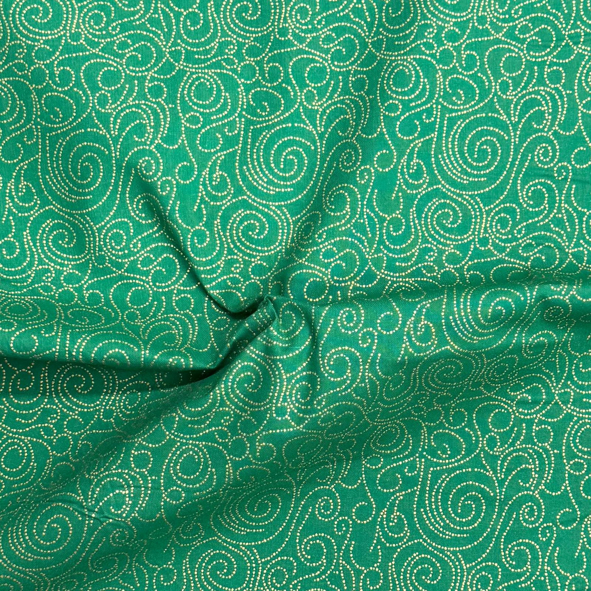 Pound A Metre Per Metre Per Metre Digitally Printed Gold Foil Christmas 100% Cotton- 45" Wide (Green Swirl)