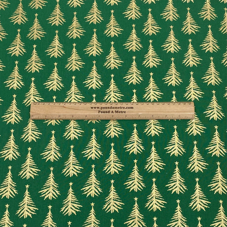 Pound A Metre Per Metre Per Metre Digitally Printed Gold Foil Christmas 100% Cotton- 45" Wide (Green Tree)