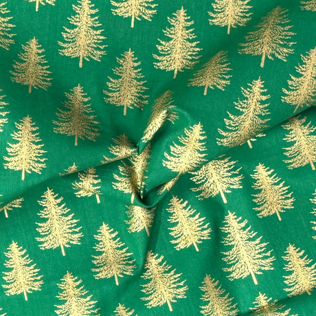 Pound A Metre Per Metre Per Metre Digitally Printed Gold Foil Christmas 100% Cotton- 45" Wide (Green Tree)