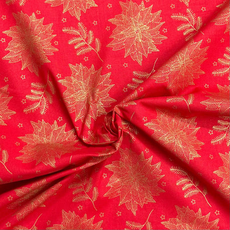 Pound A Metre Per Metre Per Metre Digitally Printed Gold Foil Christmas 100% Cotton- 45" Wide (Red Bloom)