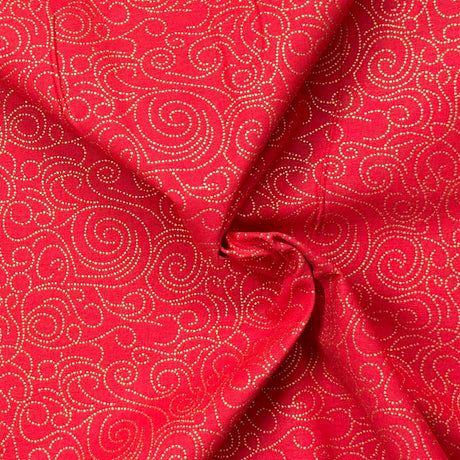 Pound A Metre Per Metre Per Metre Digitally Printed Gold Foil Christmas 100% Cotton- 45" Wide (Red Swirl)