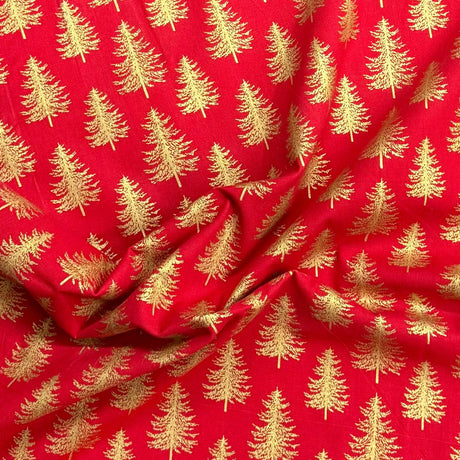 Pound A Metre Per Metre Per Metre Digitally Printed Gold Foil Christmas 100% Cotton- 45" Wide (Red Tree)