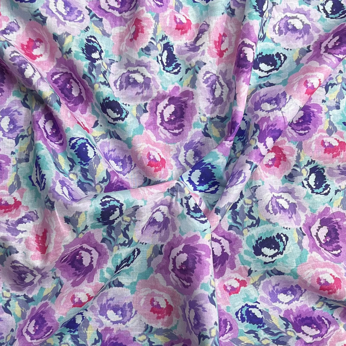 Pound A Metre Per Metre Luxury Dressmaking 100% Digital Printed Cotton Lawn- 55" (Purple Floral)
