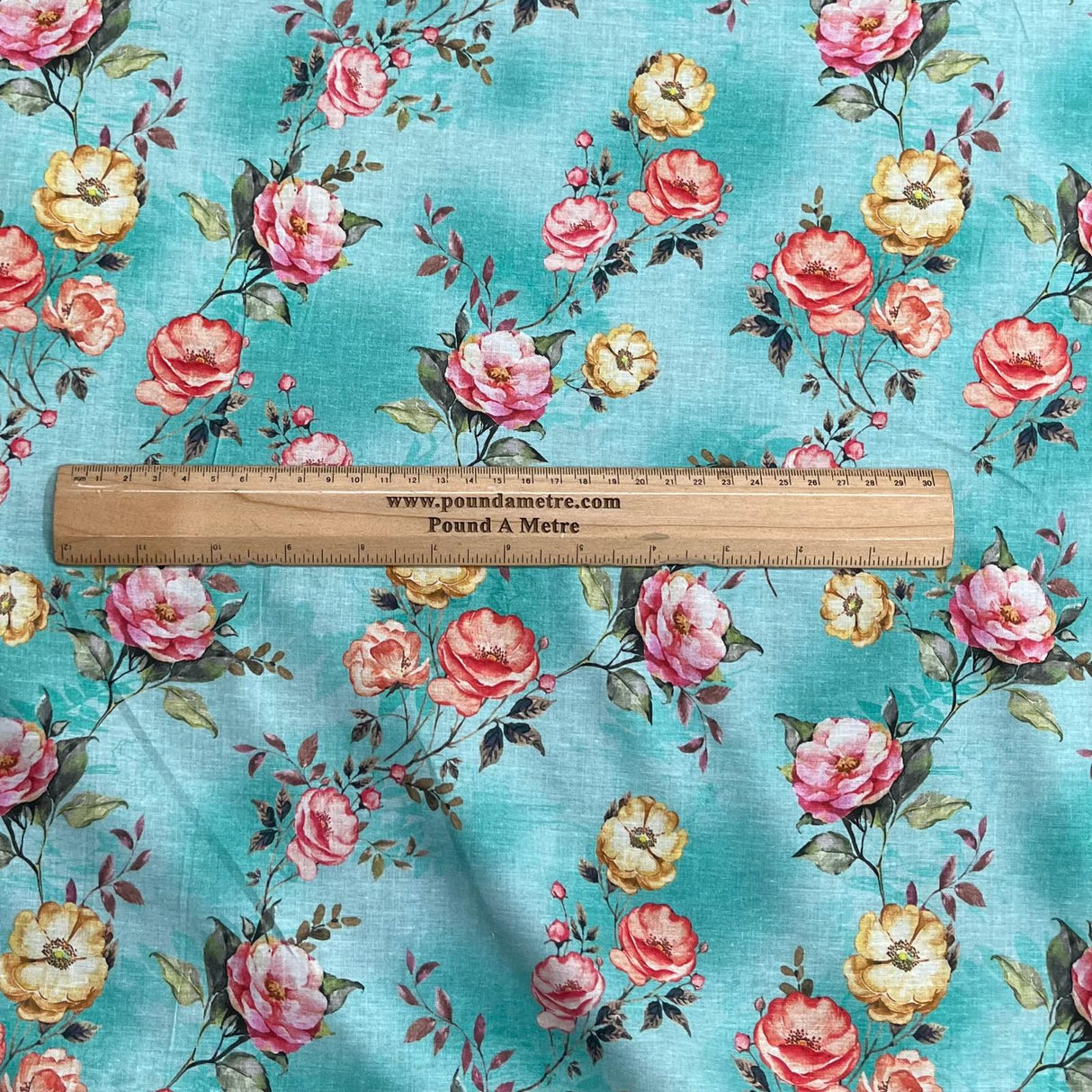 Pound A Metre Per Metre Luxury Dressmaking 100% Digital Printed Cotton Lawn- 55" (Turquoise Floral)