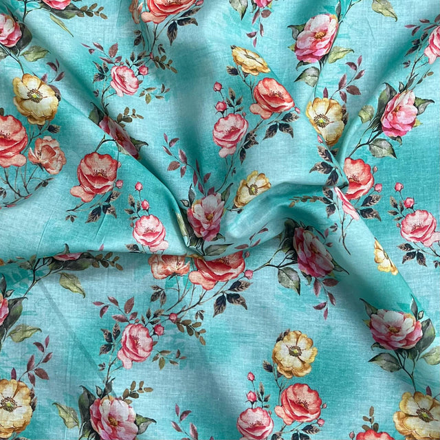 Pound A Metre Per Metre Luxury Dressmaking 100% Digital Printed Cotton Lawn- 55" (Turquoise Floral)