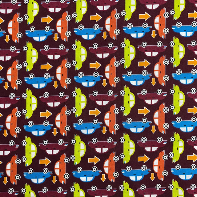 Pound A Metre Per Metre Luxury Printed Cotton – 45" Wide- (Maroon Cars) (EOL)