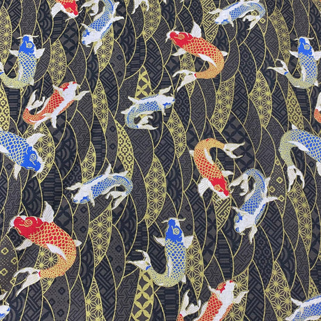 Pound A Metre Per Metre Per Metre Oriental Gold Foil Printed Cotton - 55" Wide (Black Fish)