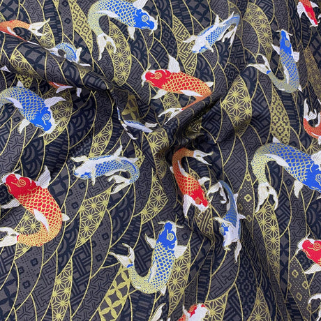 Pound A Metre Per Metre Per Metre Oriental Gold Foil Printed Cotton - 55" Wide (Black Fish)
