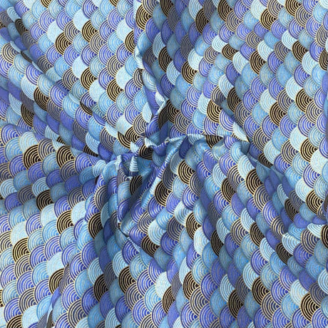 Pound A Metre Per Metre Per Metre Oriental Gold Foil Printed Cotton - 55" Wide (Blue Waves)