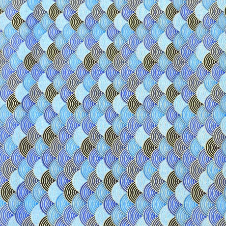 Pound A Metre Per Metre Per Metre Oriental Gold Foil Printed Cotton - 55" Wide (Blue Waves)