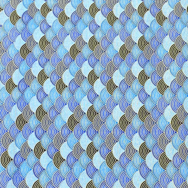 Pound A Metre Per Metre Per Metre Oriental Gold Foil Printed Cotton - 55" Wide (Blue Waves)