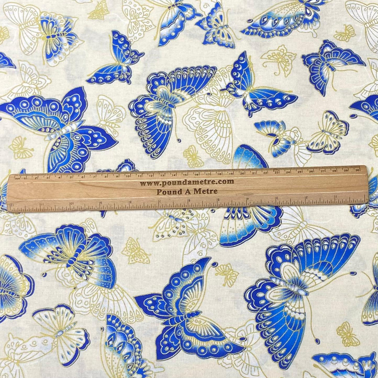 Pound A Metre Per Metre Per Metre Oriental Gold Foil Printed Cotton - 55" Wide (Ivory Butterfly)