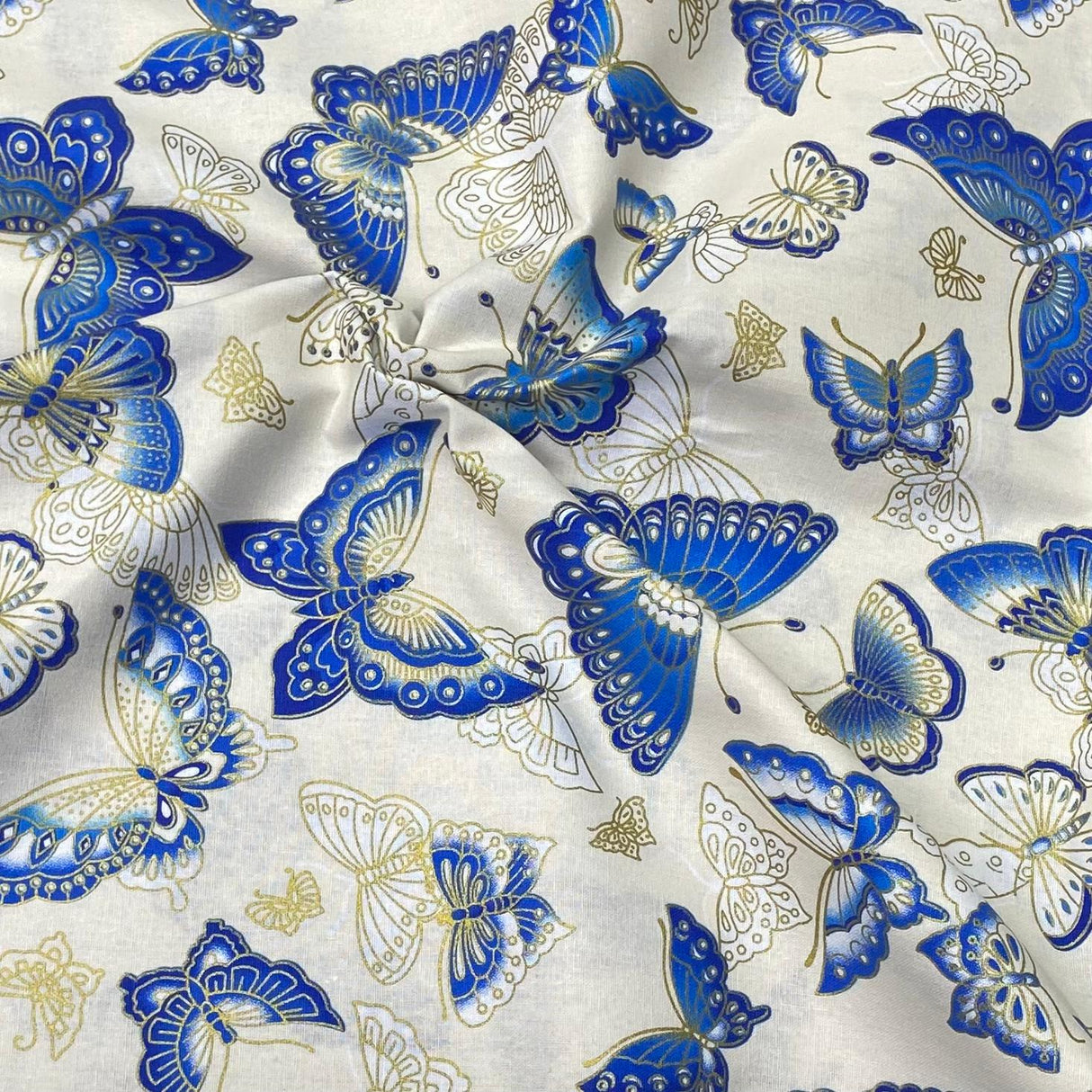 Pound A Metre Per Metre Per Metre Oriental Gold Foil Printed Cotton - 55" Wide (Ivory Butterfly)
