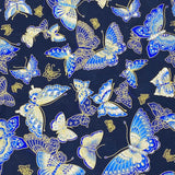 Pound A Metre Per Metre Per Metre Oriental Gold Foil Printed Cotton - 55" Wide (Navy Butterfly)