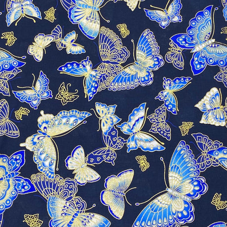 Pound A Metre Per Metre Per Metre Oriental Gold Foil Printed Cotton - 55" Wide (Navy Butterfly)