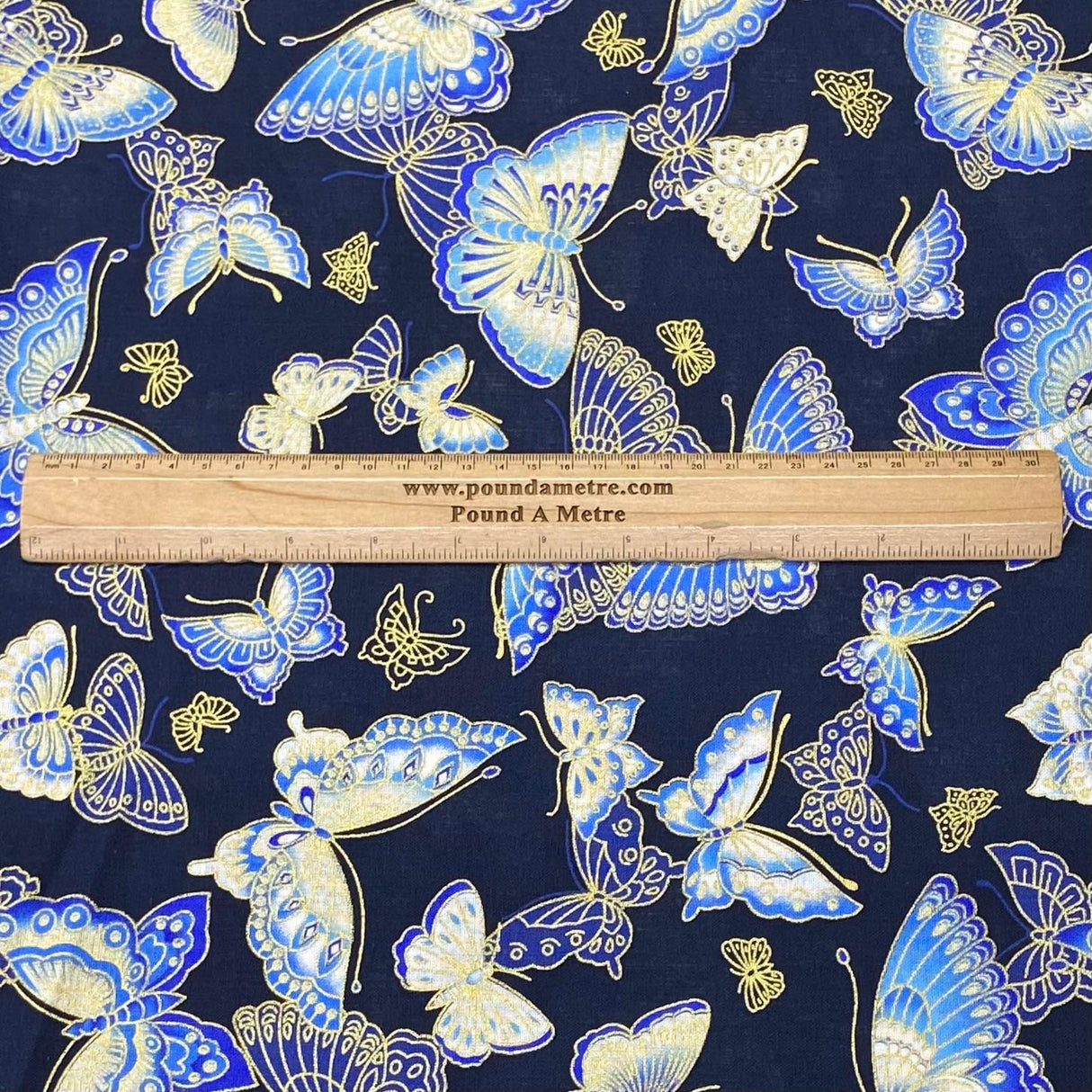 Pound A Metre Per Metre Per Metre Oriental Gold Foil Printed Cotton - 55" Wide (Navy Butterfly)