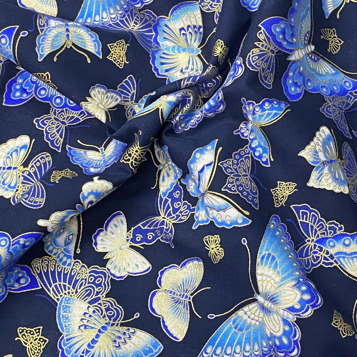 Pound A Metre Per Metre Per Metre Oriental Gold Foil Printed Cotton - 55" Wide (Navy Butterfly)