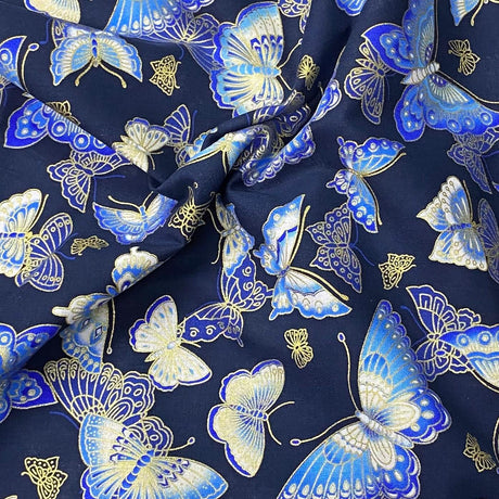 Pound A Metre Per Metre Per Metre Oriental Gold Foil Printed Cotton - 55" Wide (Navy Butterfly)