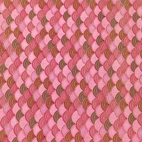 Pound A Metre Per Metre Per Metre Oriental Gold Foil Printed Cotton - 55" Wide (Pink Waves)