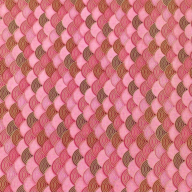 Pound A Metre Per Metre Per Metre Oriental Gold Foil Printed Cotton - 55" Wide (Pink Waves)