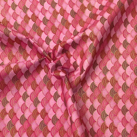 Pound A Metre Per Metre Per Metre Oriental Gold Foil Printed Cotton - 55" Wide (Pink Waves)