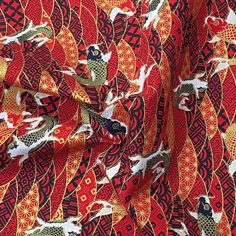 Pound A Metre Per Metre Per Metre Oriental Gold Foil Printed Cotton - 55" Wide (Red Fish)