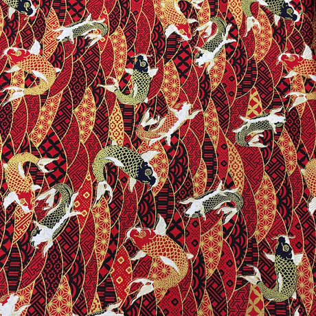 Pound A Metre Per Metre Per Metre Oriental Gold Foil Printed Cotton - 55" Wide (Red Fish)