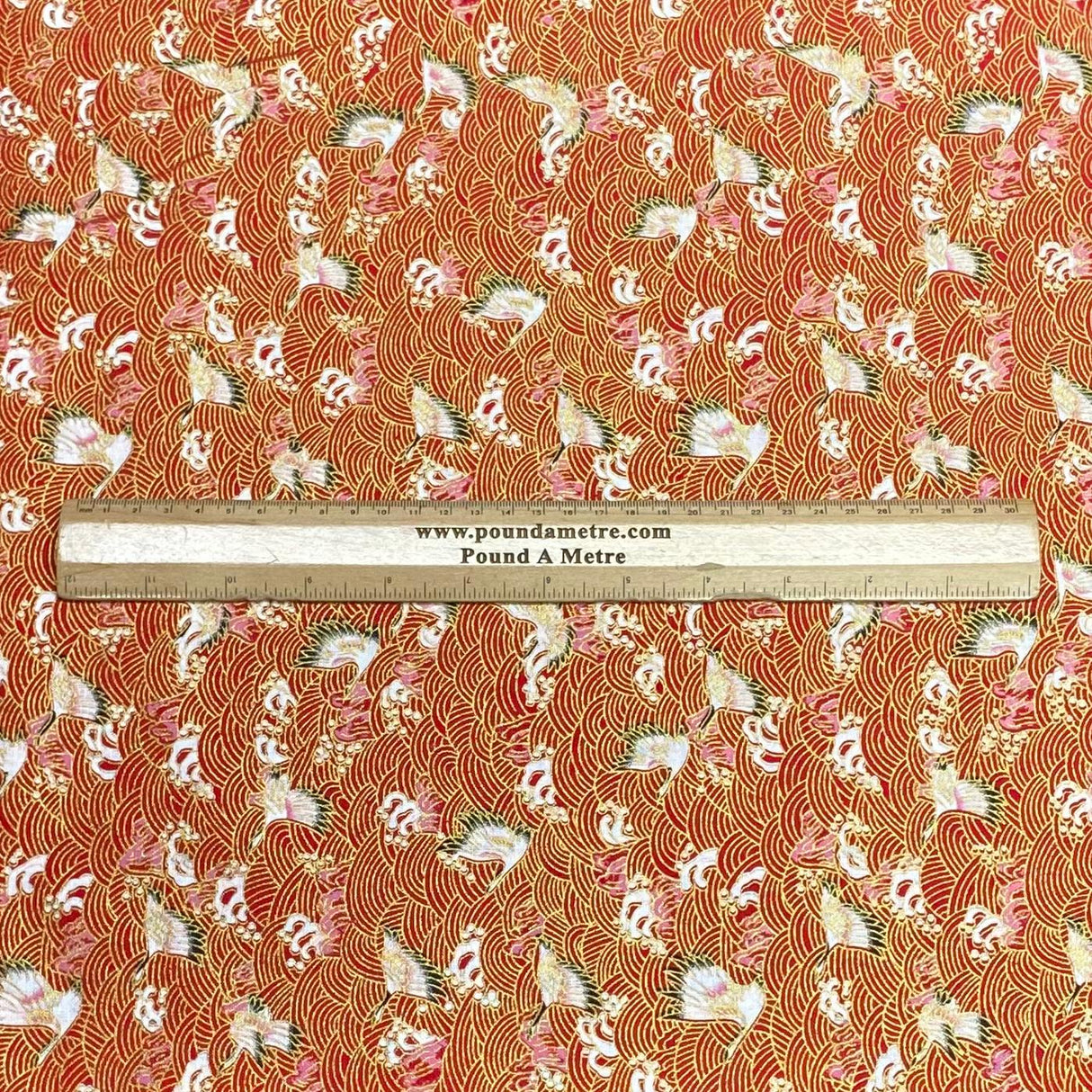 Pound A Metre Per Metre Per Metre Oriental Gold Foil Printed Cotton - 55" Wide (Red Swan)