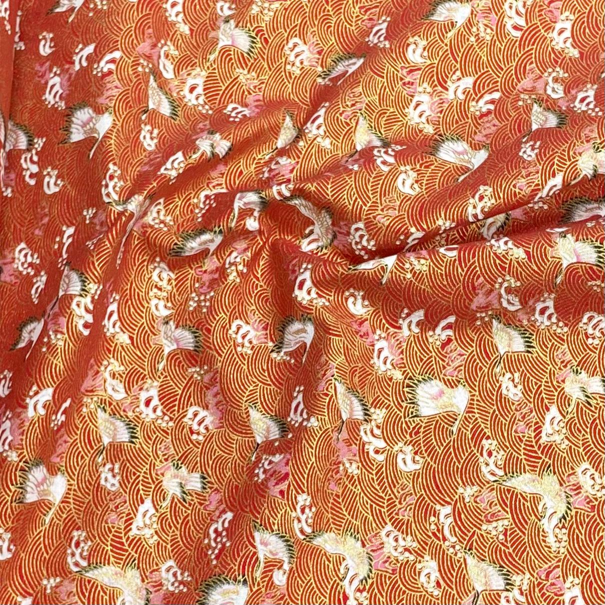 Pound A Metre Per Metre Per Metre Oriental Gold Foil Printed Cotton - 55" Wide (Red Swan)