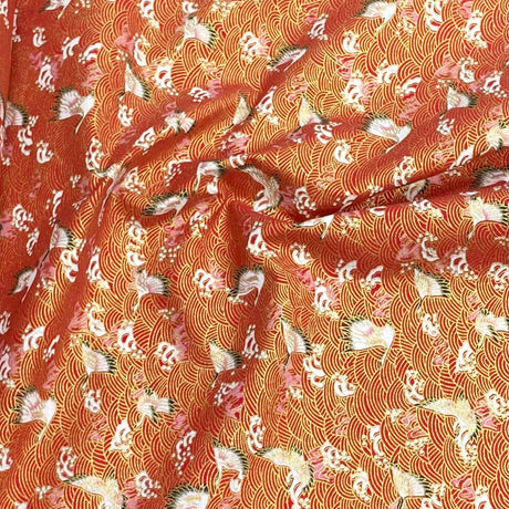 Pound A Metre Per Metre Per Metre Oriental Gold Foil Printed Cotton - 55" Wide (Red Swan)