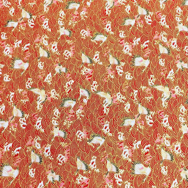 Pound A Metre Per Metre Per Metre Oriental Gold Foil Printed Cotton - 55" Wide (Red Swan)