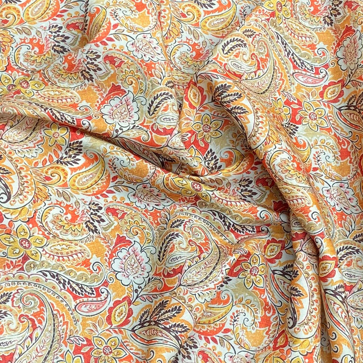 Pound A Metre Per Metre Per Metre Printed Cashmere Effect Crepe Fabric- 45" Wide (Orange Paisley)