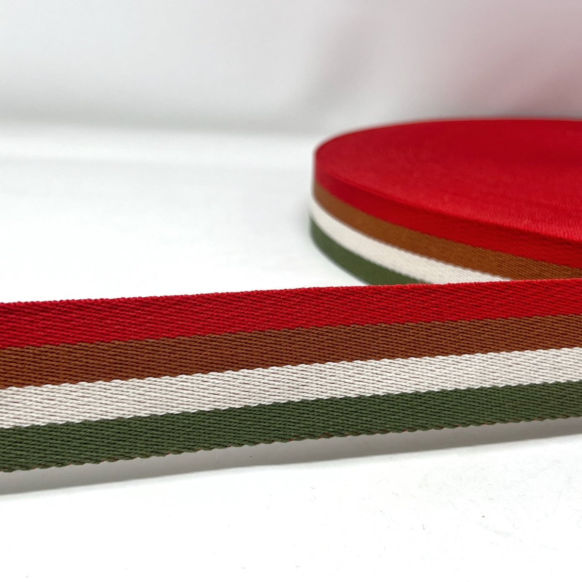 Per Metre Stripe Webbing, 40mm - (Red, Naturals & Green) - Pound A Metre