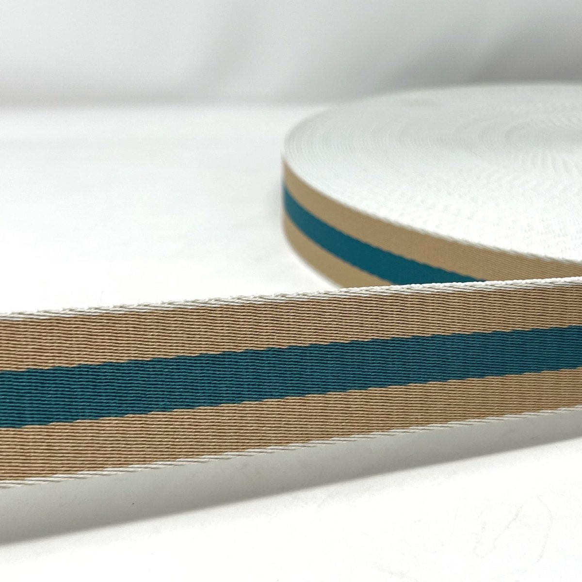 Per Metre Stripe Webbing, 40mm - (Taupe & Blue ) - Pound A Metre