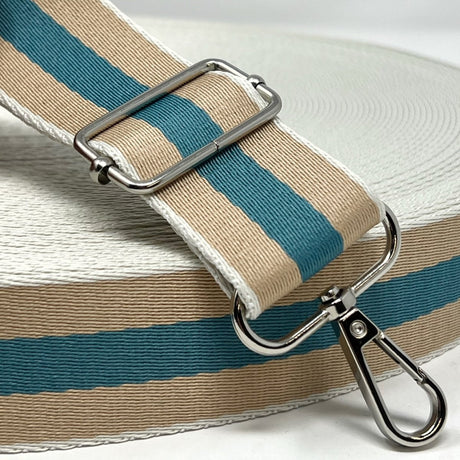 Per Metre Stripe Webbing, 40mm - (Taupe & Blue ) - Pound A Metre