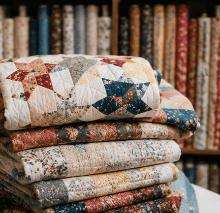 Colourful handmade quilts and quilting fabrics displayed in a fabric store
