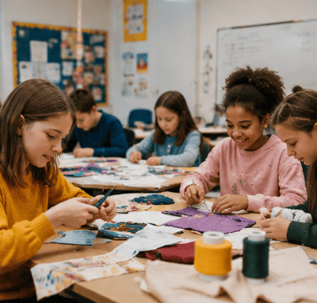 Students taking part in a sewing and fabric craft activity using colourful materials