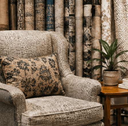 Upholstery fabrics and upholstered chair showing fabric suitable for furniture projects