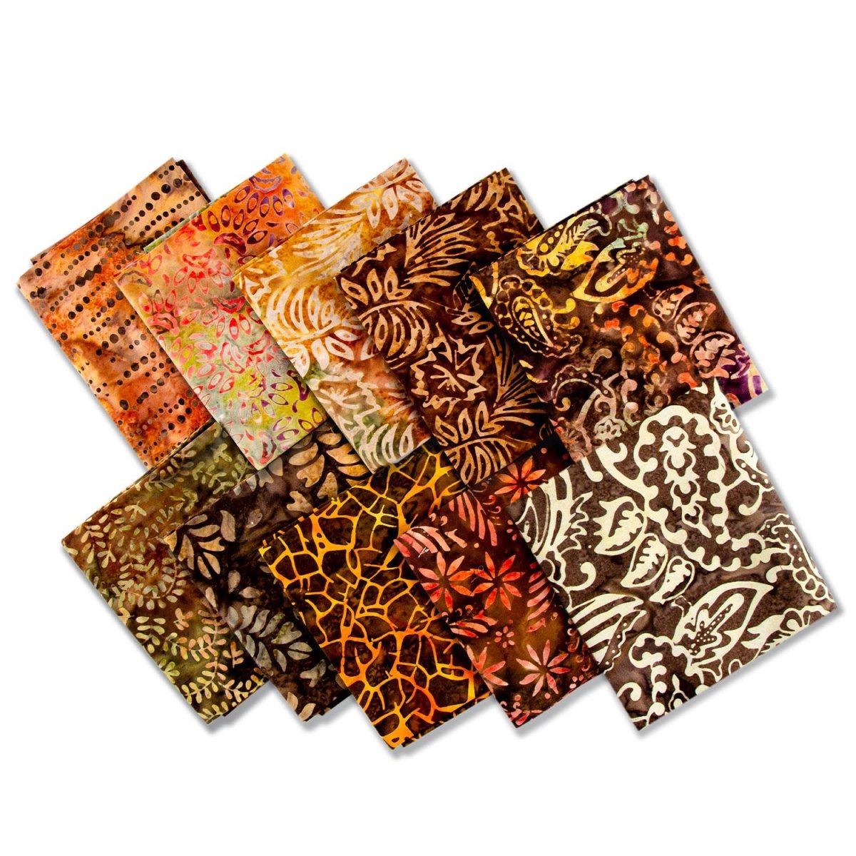 10 Piece Bali Batik Fat Quarter Bundle- 100% Cotton (Earth Tones) (Designs Vary) - Pound A Metre